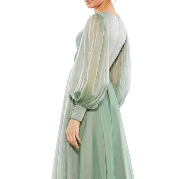 NEW Mac Duggal  Sheer Blouson Sleeve Sage Green Surplice Gown 67873 Dress - Picture 3 of 8